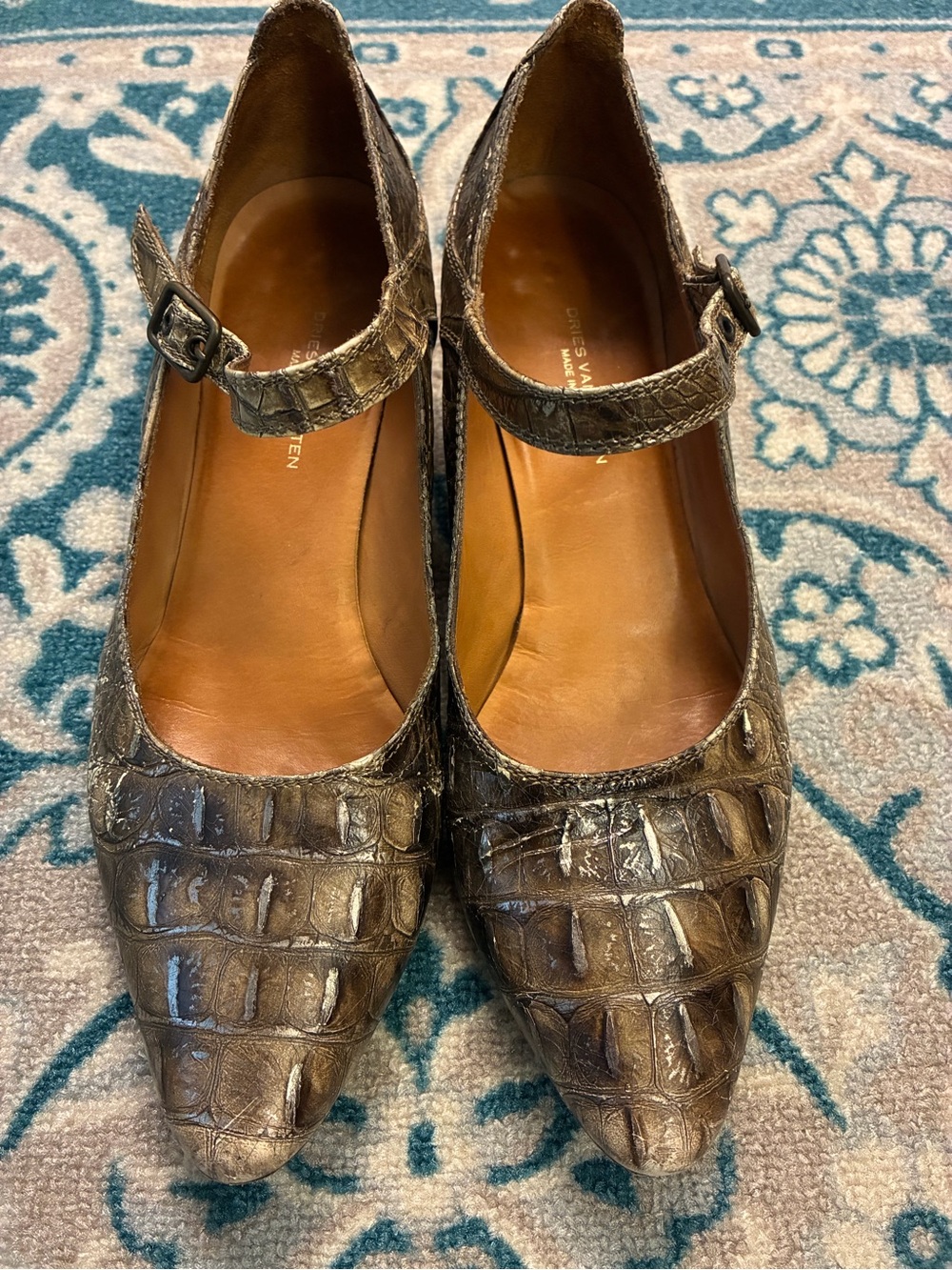 Dries Van Noten Women’s Croc-Embossed Mary Jane Flats in Brown. Size 9.